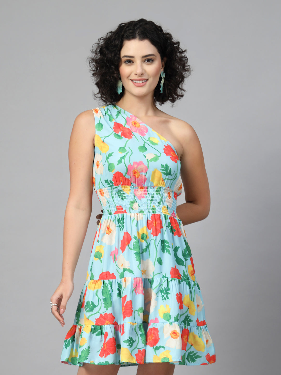 Turquoise Blue Big Floral One Shoulder Dress-JEFF COOPER