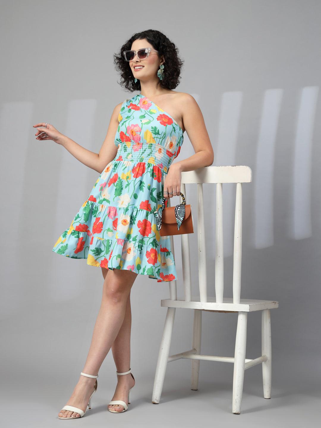 Turquoise Blue Big Floral One Shoulder Dress-JEFF COOPER