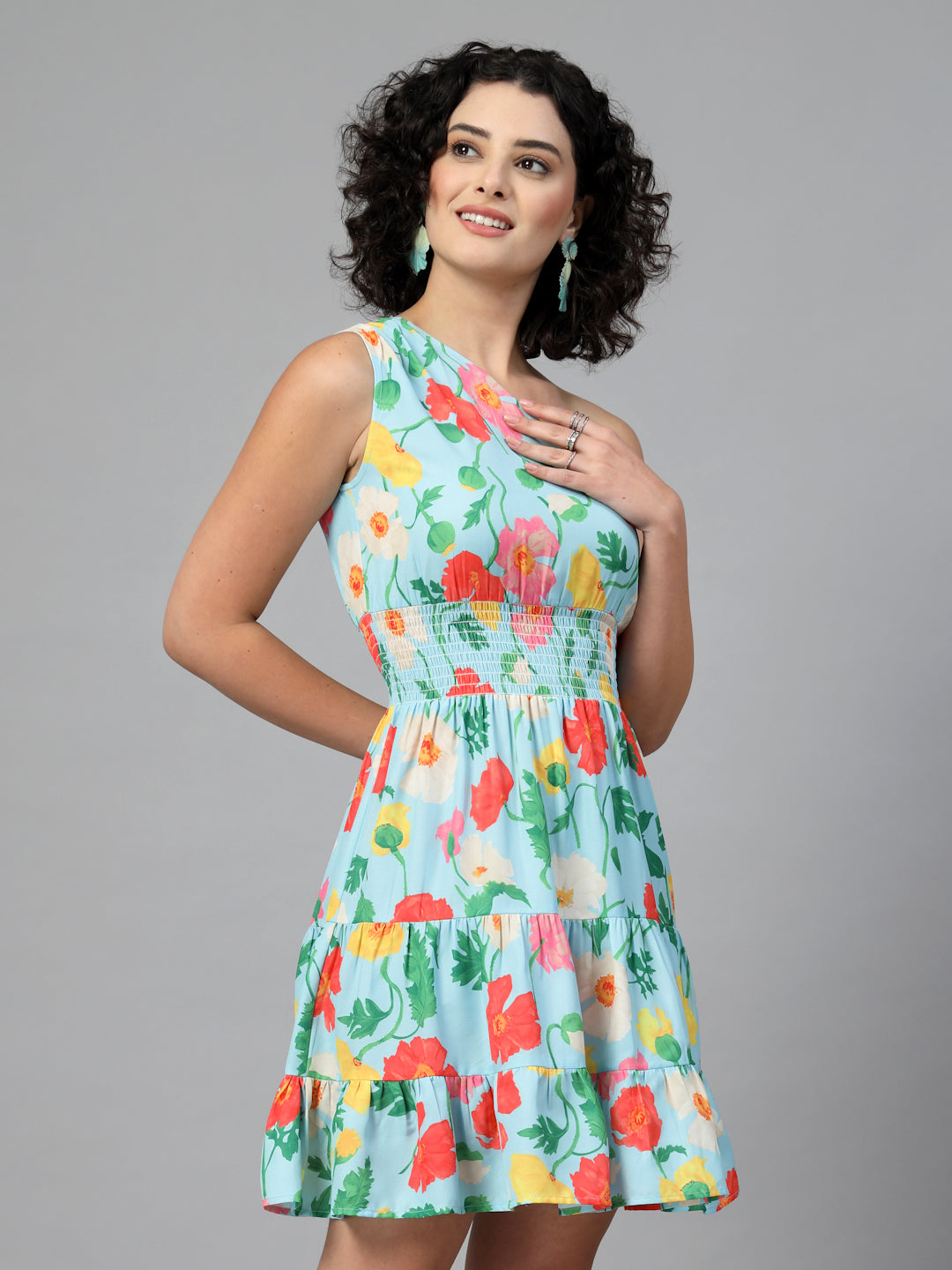 Turquoise Blue Big Floral One Shoulder Dress-JEFF COOPER