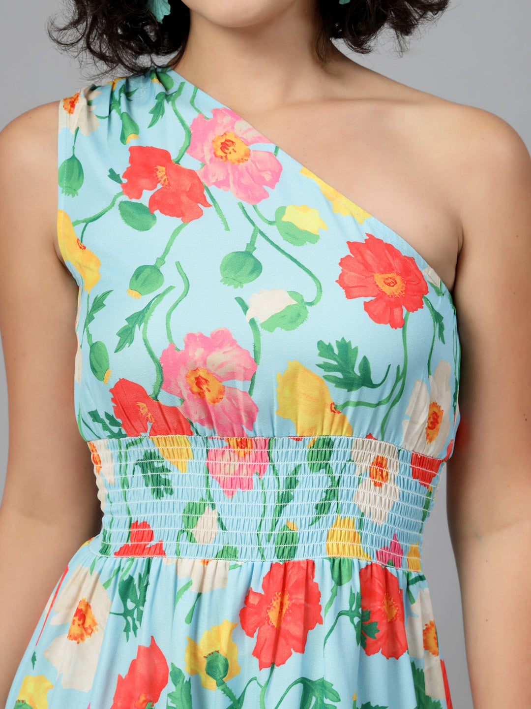 Turquoise Blue Big Floral One Shoulder Dress-JEFF COOPER