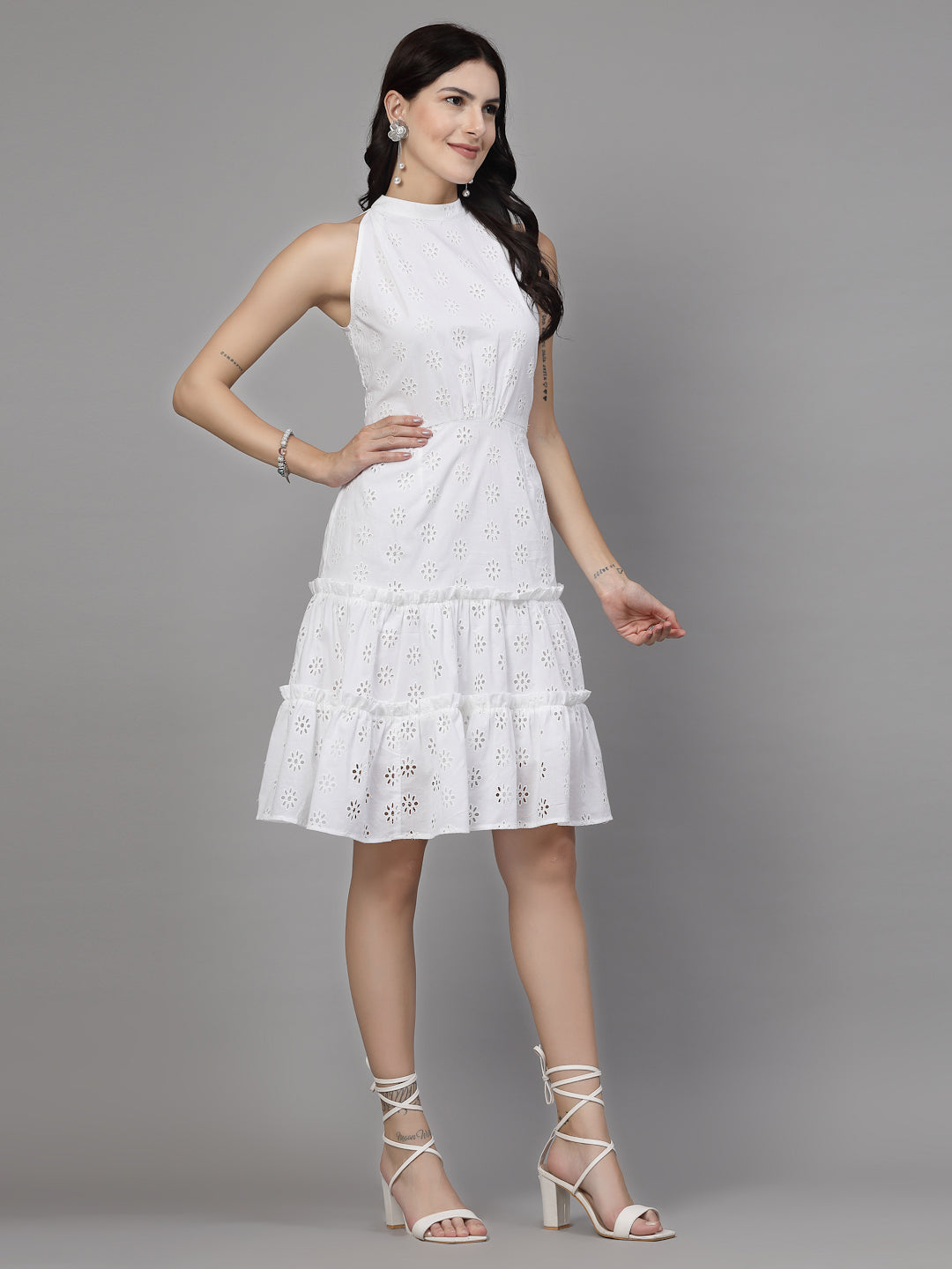 knee length tiered dress CHARCOAL BLACK MUL COTTON TIERED KNEE LENGTH DRESS
