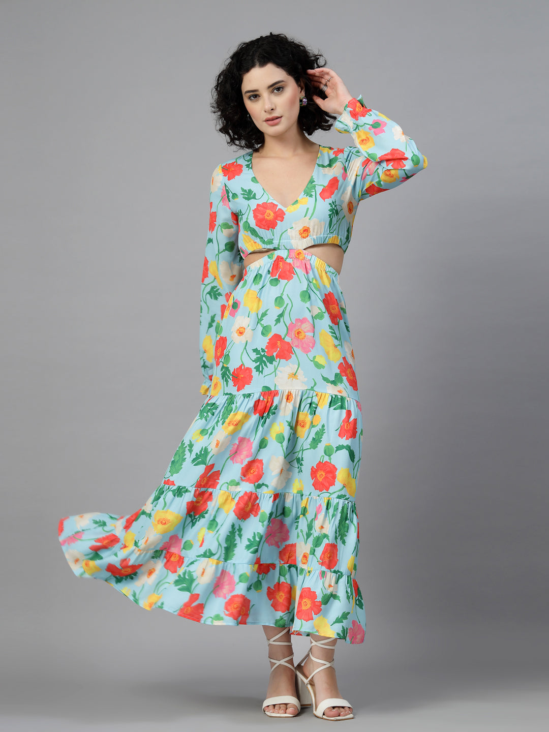 Turquoise Blue Floral Tiered Midi Dress-JEFF COOPER