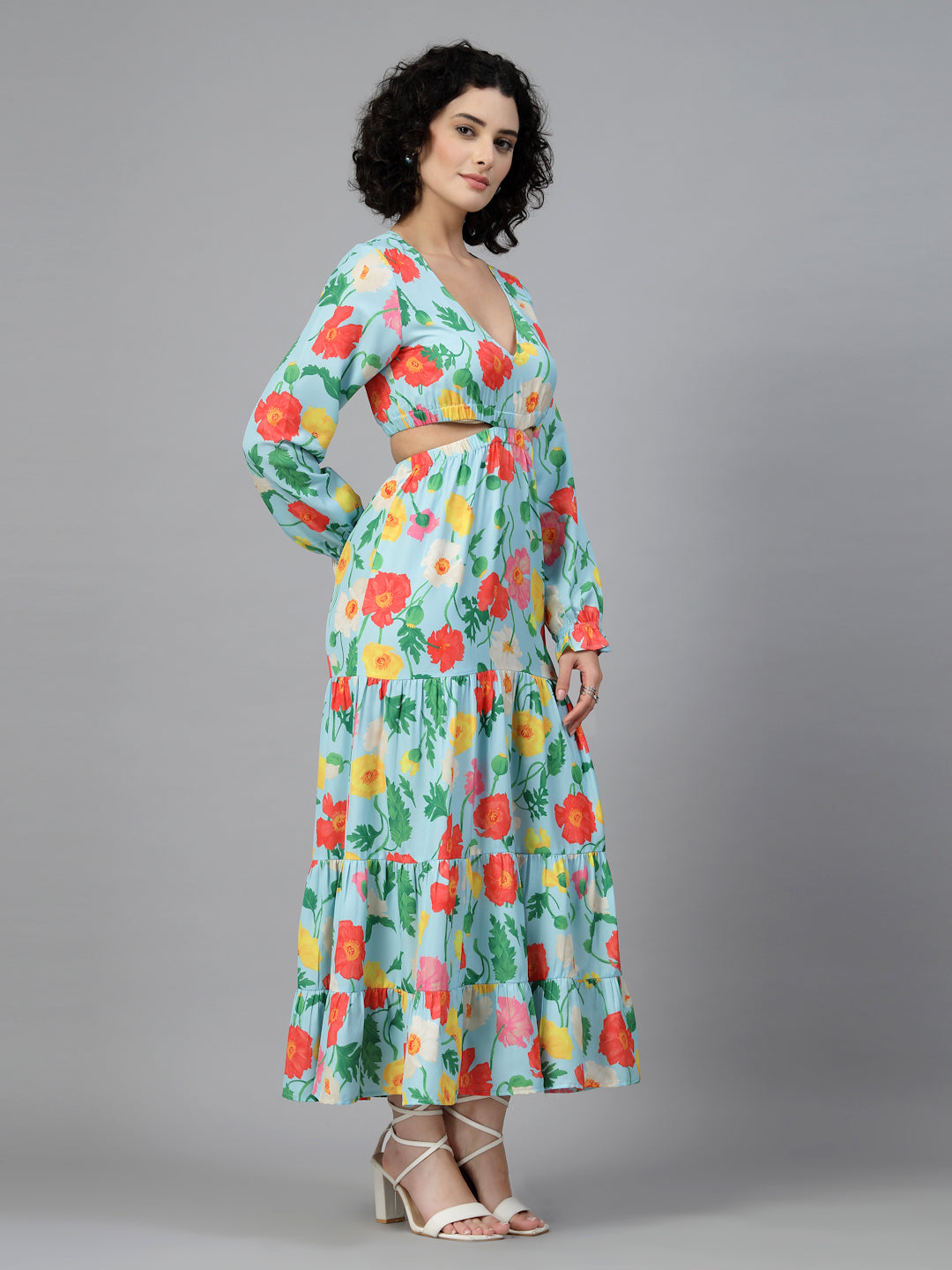 Turquoise Blue Floral Tiered Midi Dress-JEFF COOPER