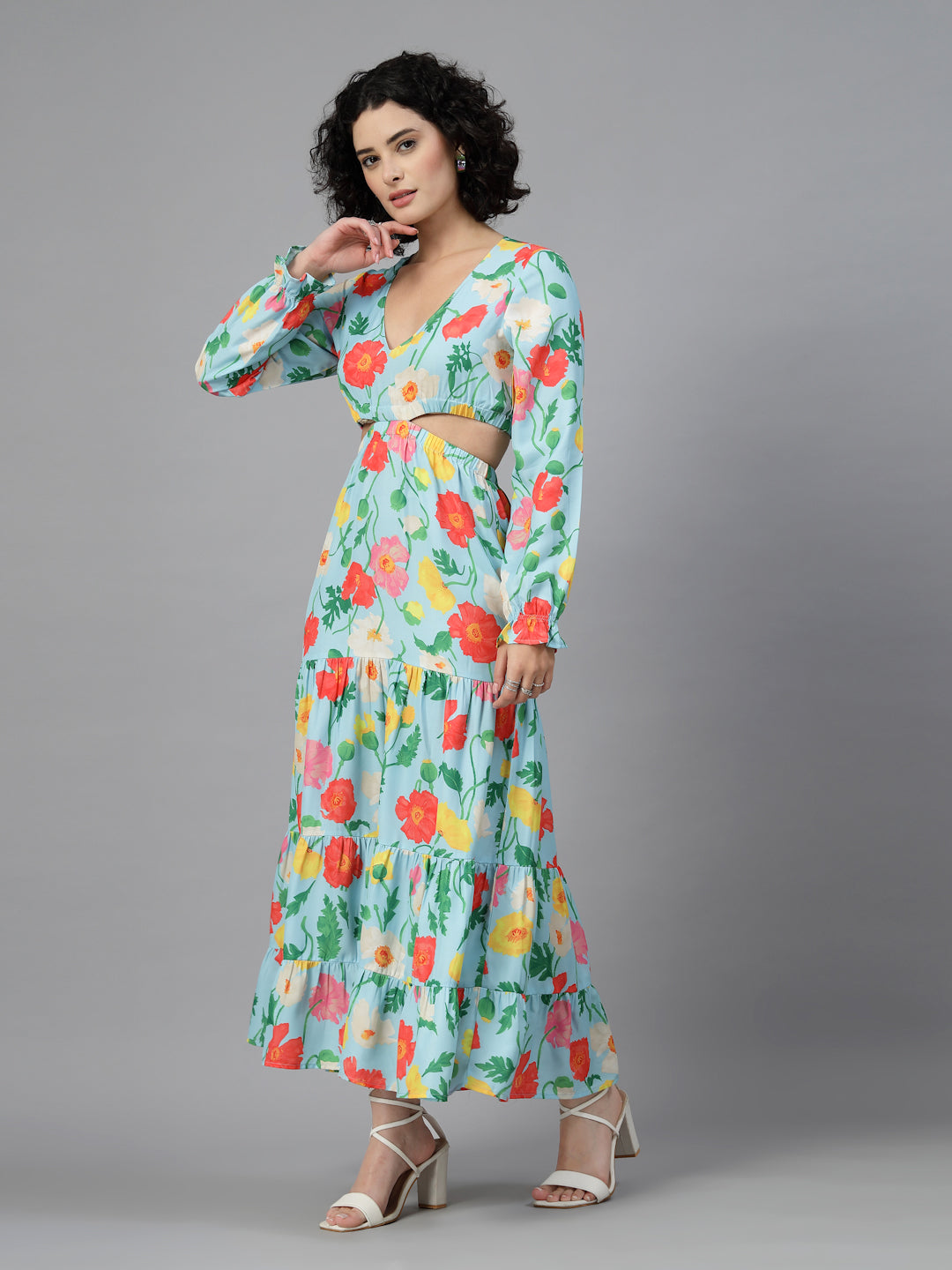 Turquoise Blue Floral Tiered Midi Dress-JEFF COOPER