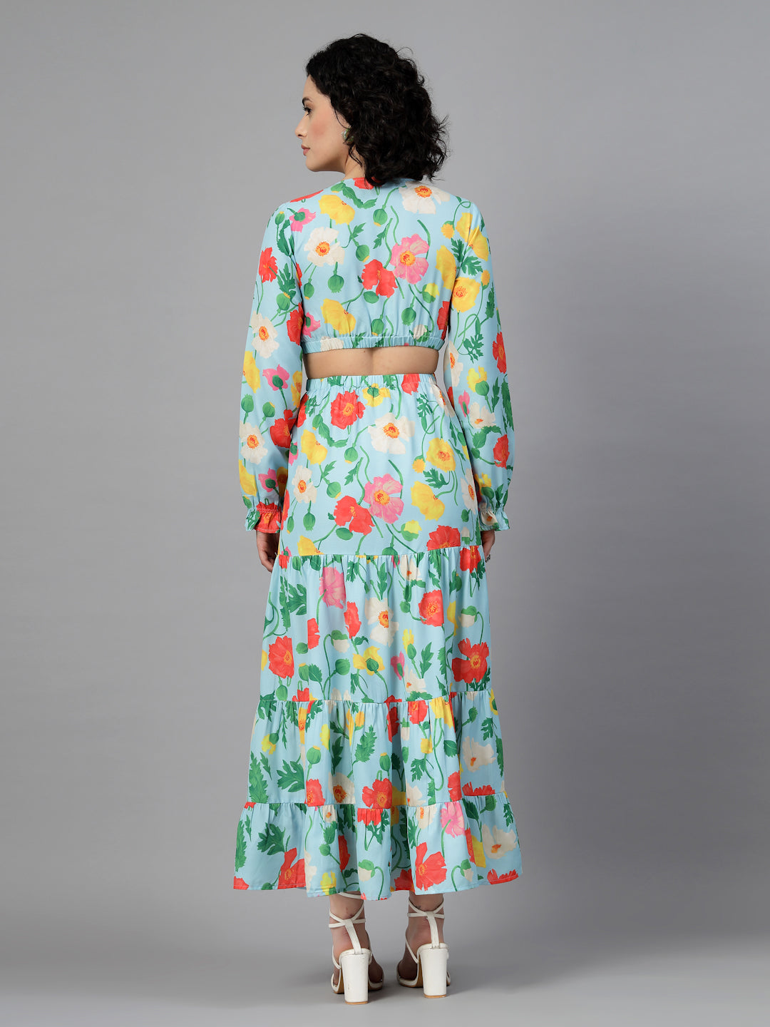 Turquoise Blue Floral Tiered Midi Dress-JEFF COOPER