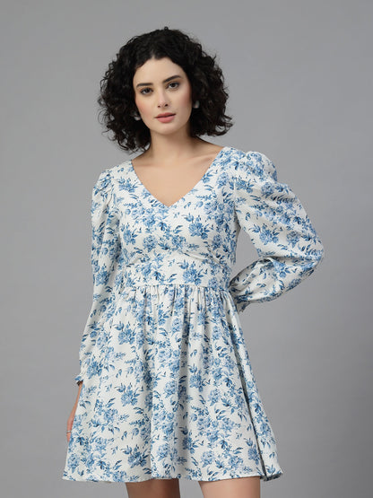 White Floral Printed Short Dress-JEFF COOPER