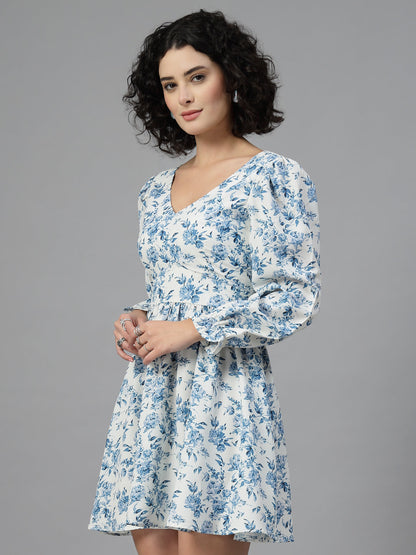 White Floral Printed Short Dress-JEFF COOPER