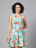 Turquoise Blue Big Floral One Shoulder Dress