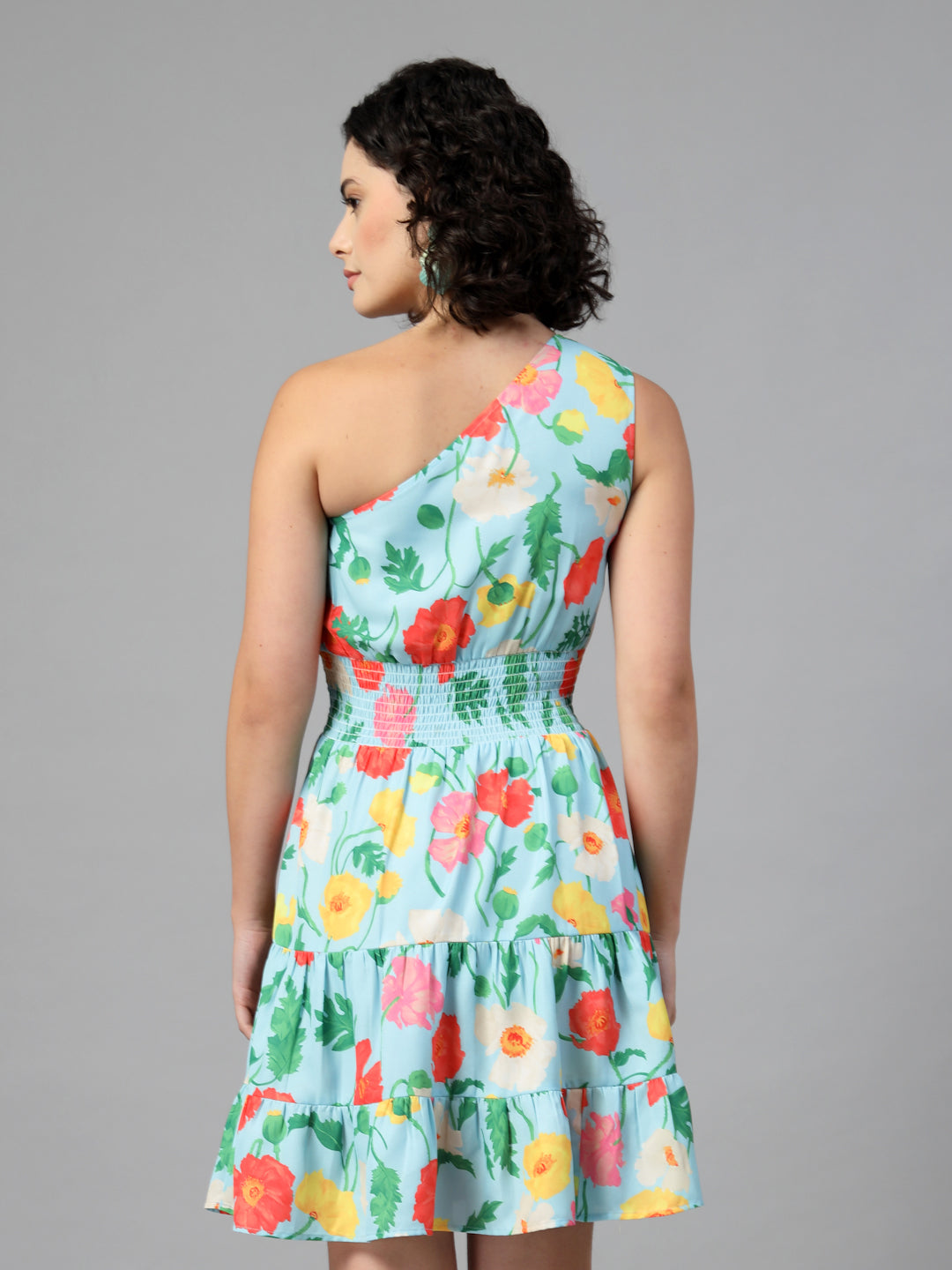 Turquoise Blue Big Floral One Shoulder Dress-JEFF COOPER