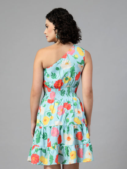 Turquoise Blue Big Floral One Shoulder Dress-JEFF COOPER