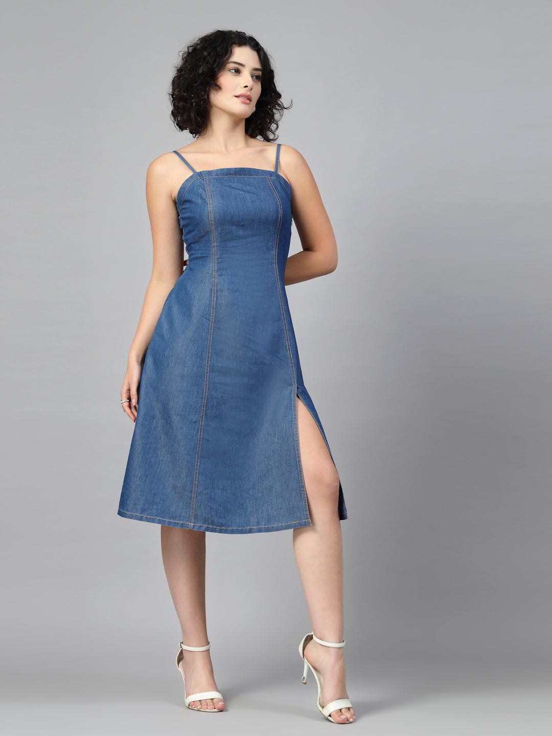 Blue Denim Knee Slit Strappy Dress-JEFF COOPER