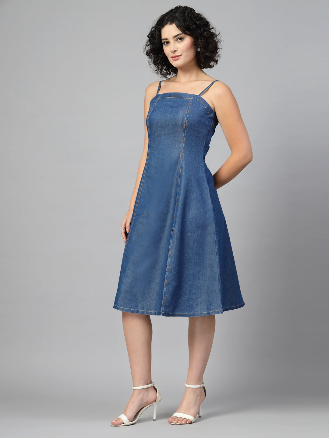 Blue Denim Knee Slit Strappy Dress-JEFF COOPER