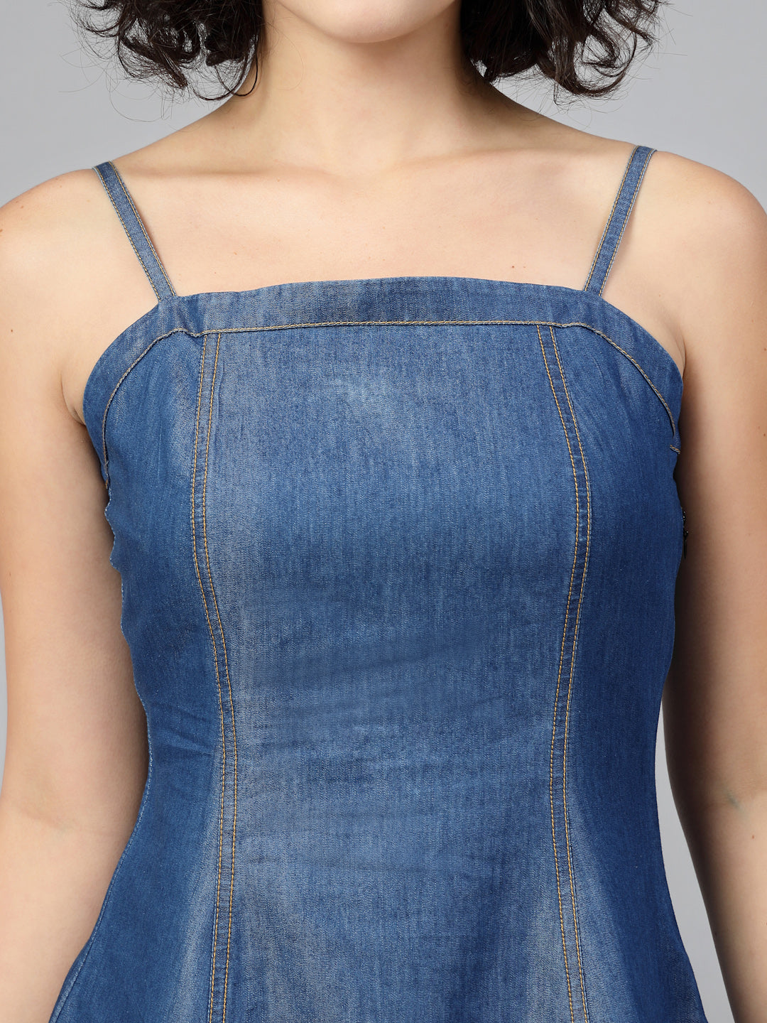 Blue Denim Knee Slit Strappy Dress-JEFF COOPER