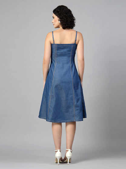 Blue Denim Knee Slit Strappy Dress-JEFF COOPER