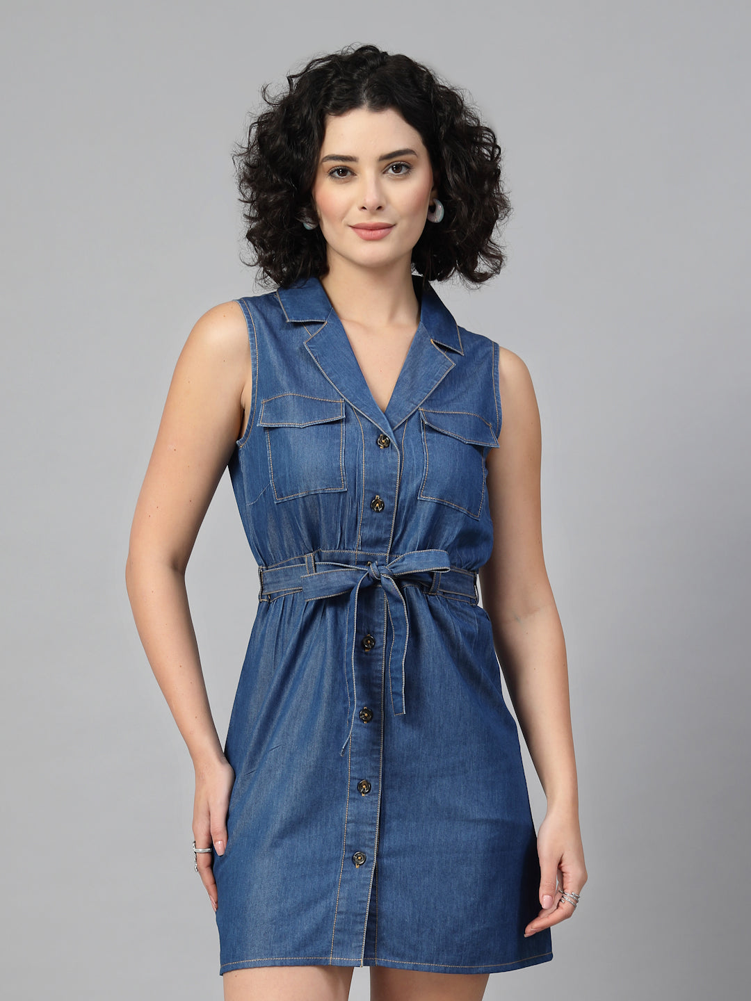 Blue Denim Knotch collar Dress-JEFF COOPER