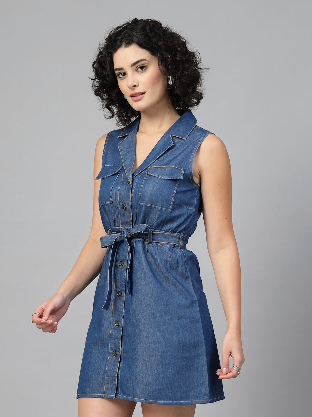 Blue Denim Knotch collar Dress-JEFF COOPER