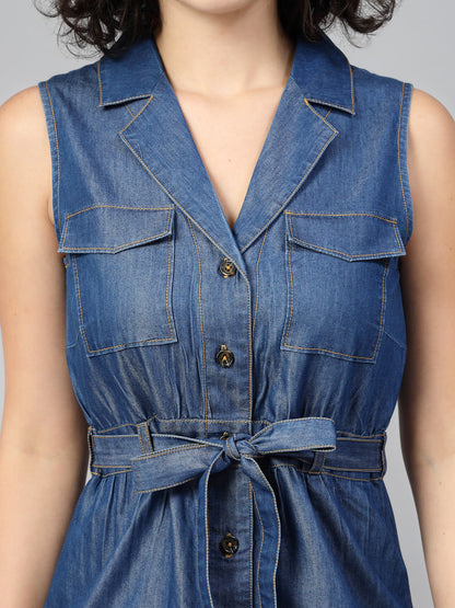 Blue Denim Knotch collar Dress-JEFF COOPER