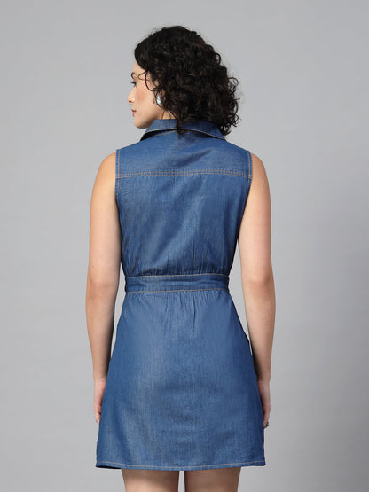 Blue Denim Knotch collar Dress-JEFF COOPER