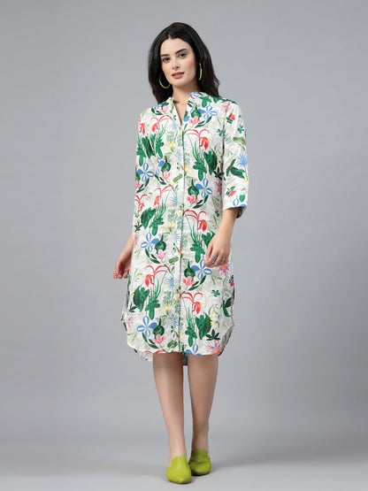 White Floral Mandarin Collar Dress-JEFF COOPER