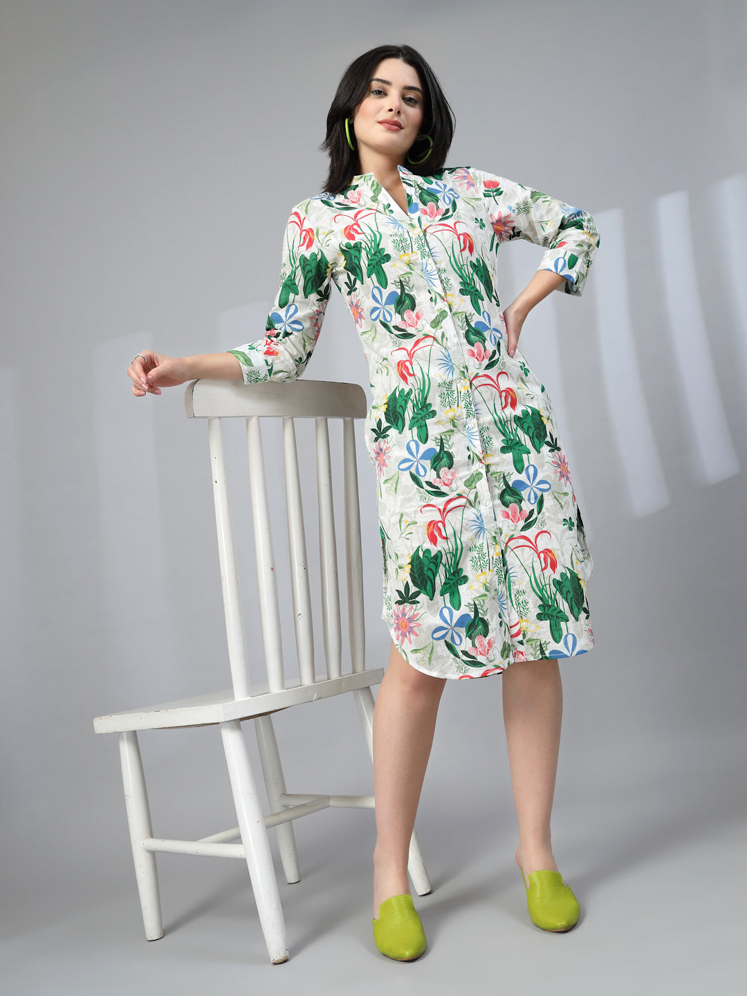 White Floral Mandarin Collar Dress-JEFF COOPER