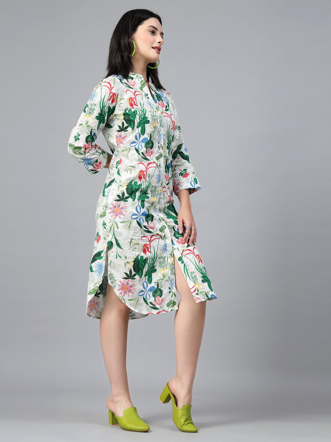 White Floral Mandarin Collar Dress-JEFF COOPER