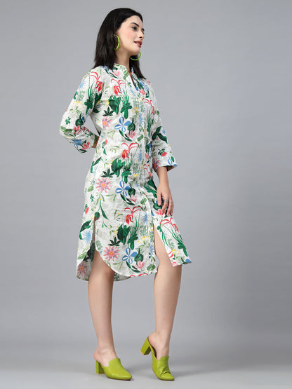 White Floral Mandarin Collar Dress-JEFF COOPER