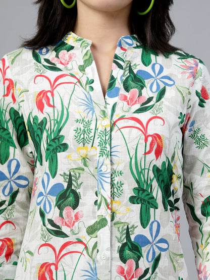 White Floral Mandarin Collar Dress-JEFF COOPER