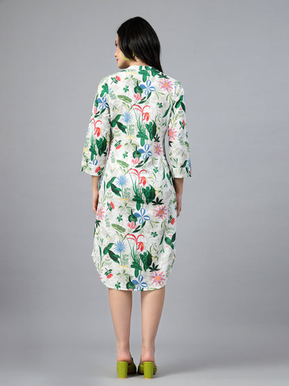 White Floral Mandarin Collar Dress-JEFF COOPER