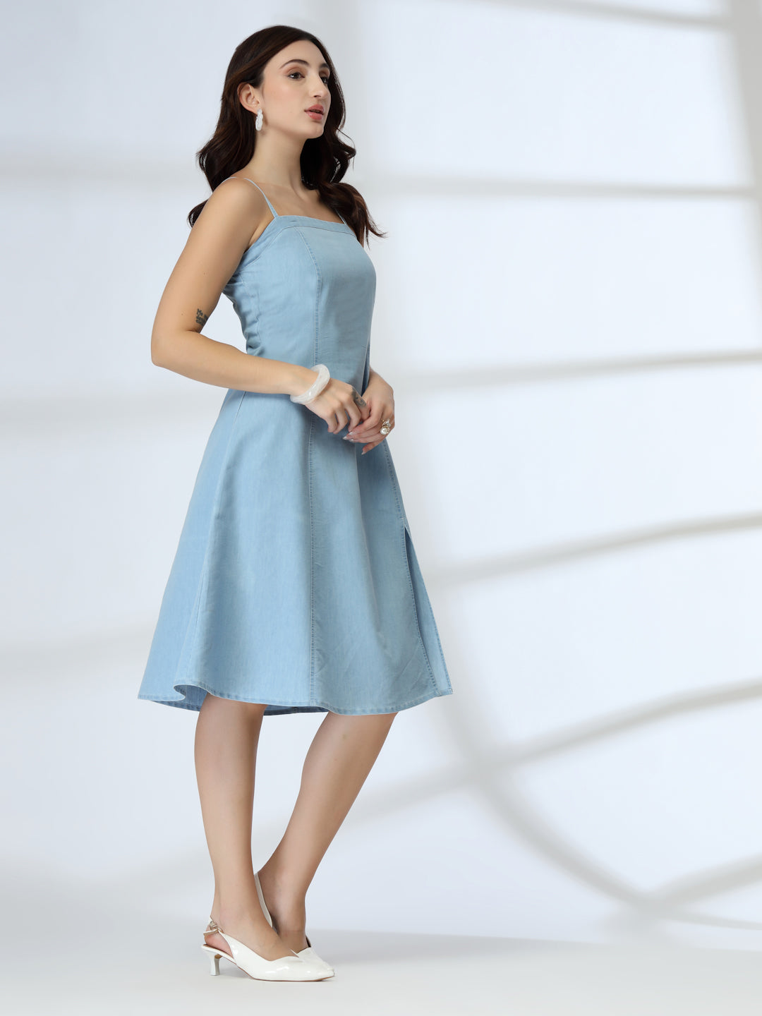 Light Blue Denim Knee Slit Strappy Dress-JEFF COOPER