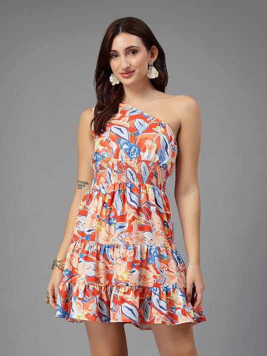 Red Big Floral One Shoulder Dress-JEFF COOPER