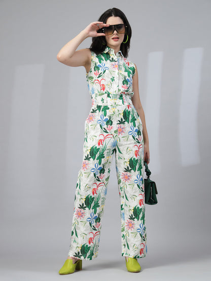 White Floral Sleeveless Jumpsuit-JEFF COOPER