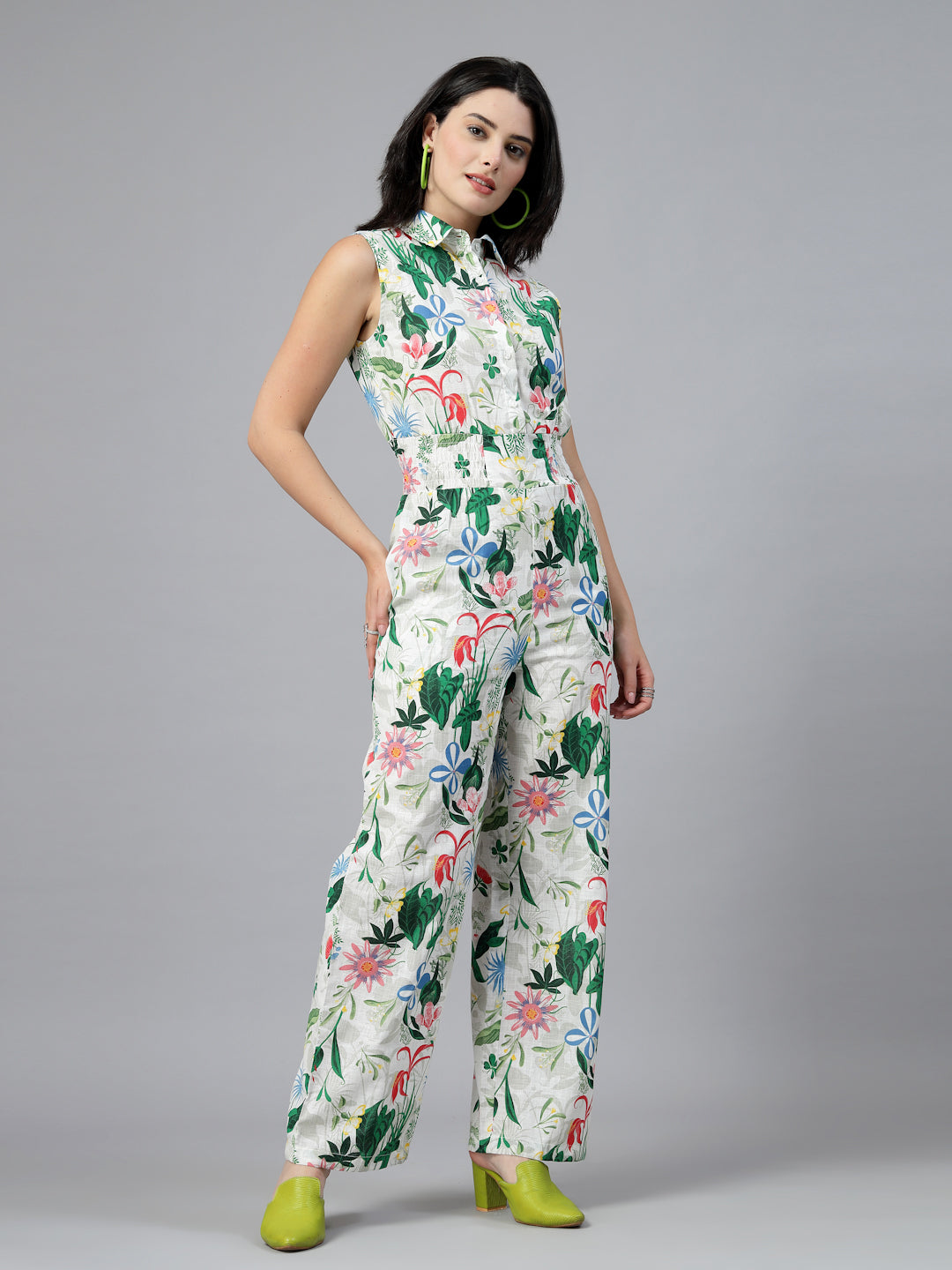 White Floral Sleeveless Jumpsuit-JEFF COOPER