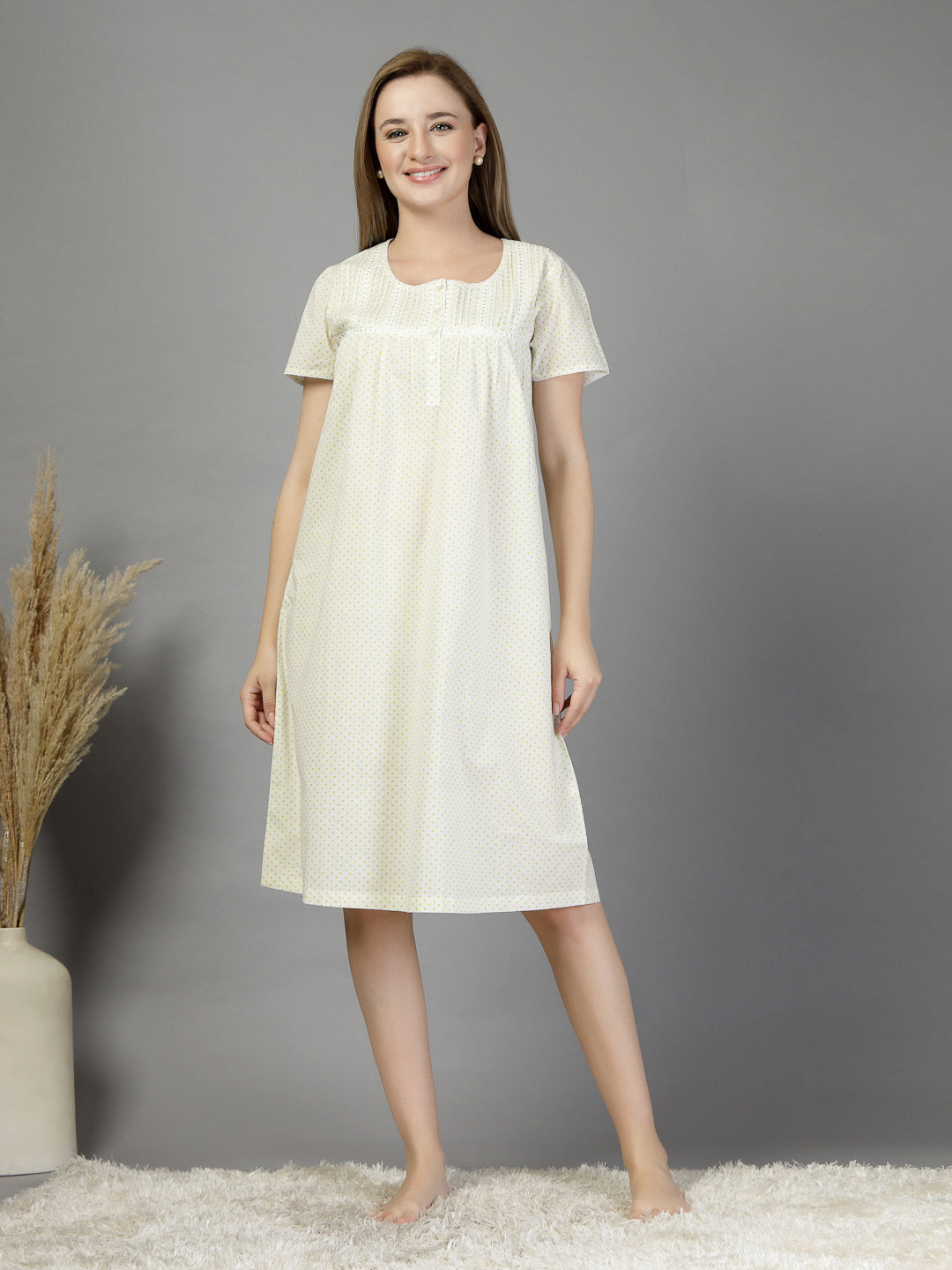 Cotton night dress in light green dot print-JEFF COOPER