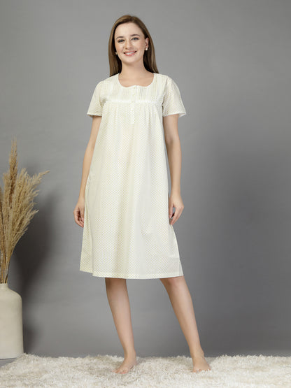 Cotton night dress in light green dot print-JEFF COOPER