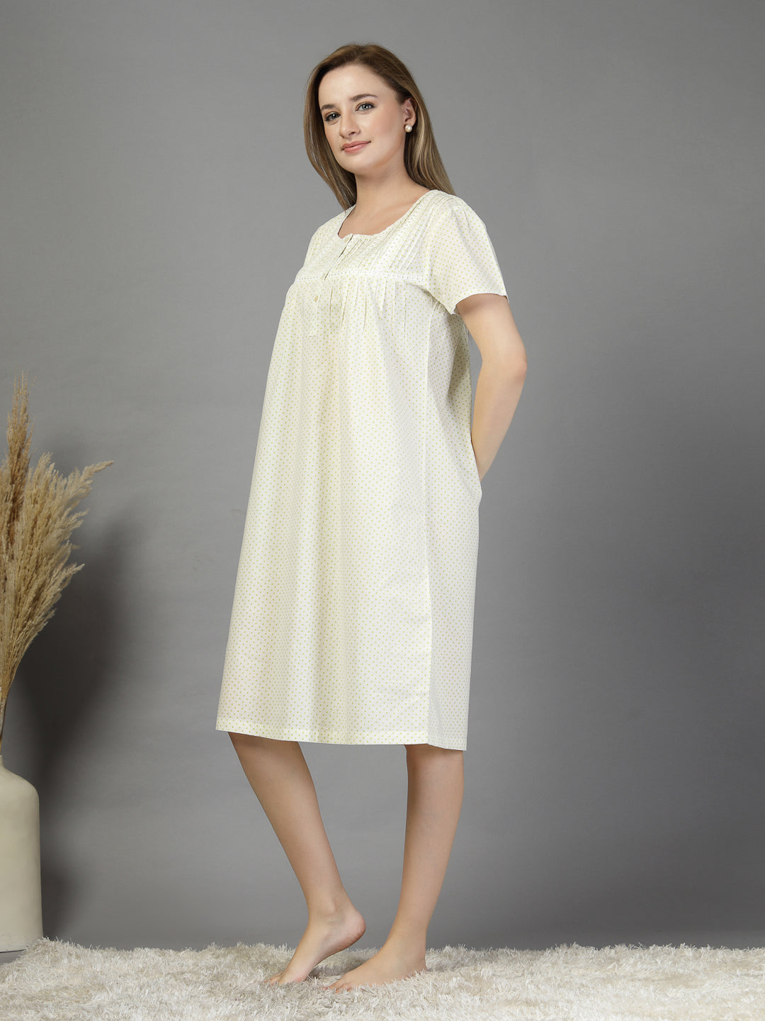 Cotton night dress in light green dot print-JEFF COOPER