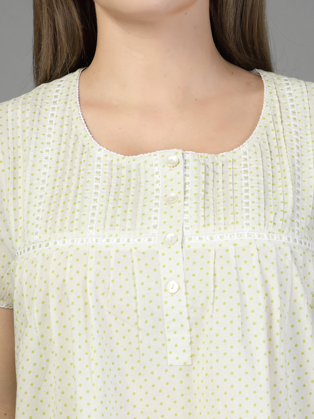 Cotton night dress in light green dot print-JEFF COOPER