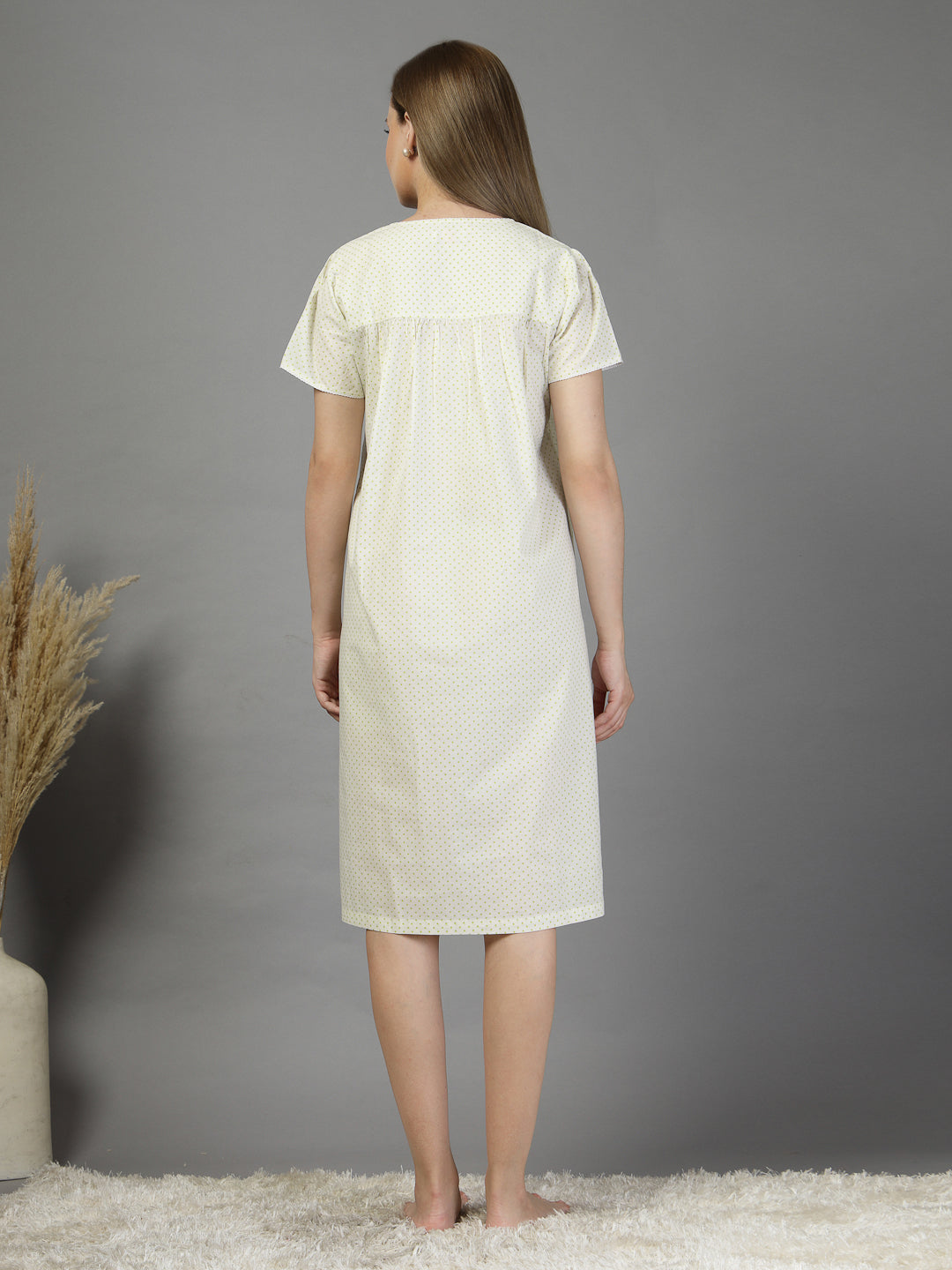 Cotton night dress in light green dot print-JEFF COOPER