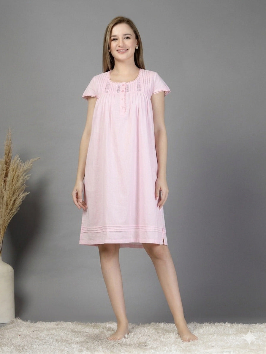 Cotton night dress in light pink colour Cotton night dress in light pink colour