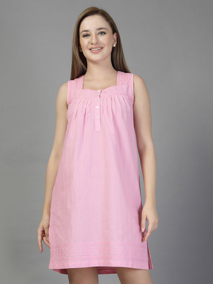 Cotton night dress in Pink with Jacoba Self Embroidered-JEFF COOPER