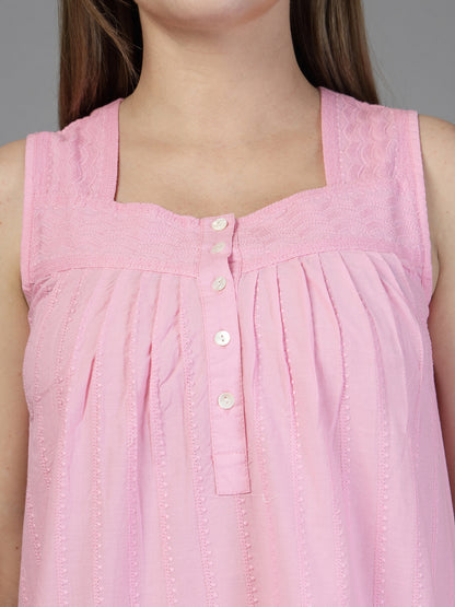 Cotton night dress in Pink with Jacoba Self Embroidered-JEFF COOPER