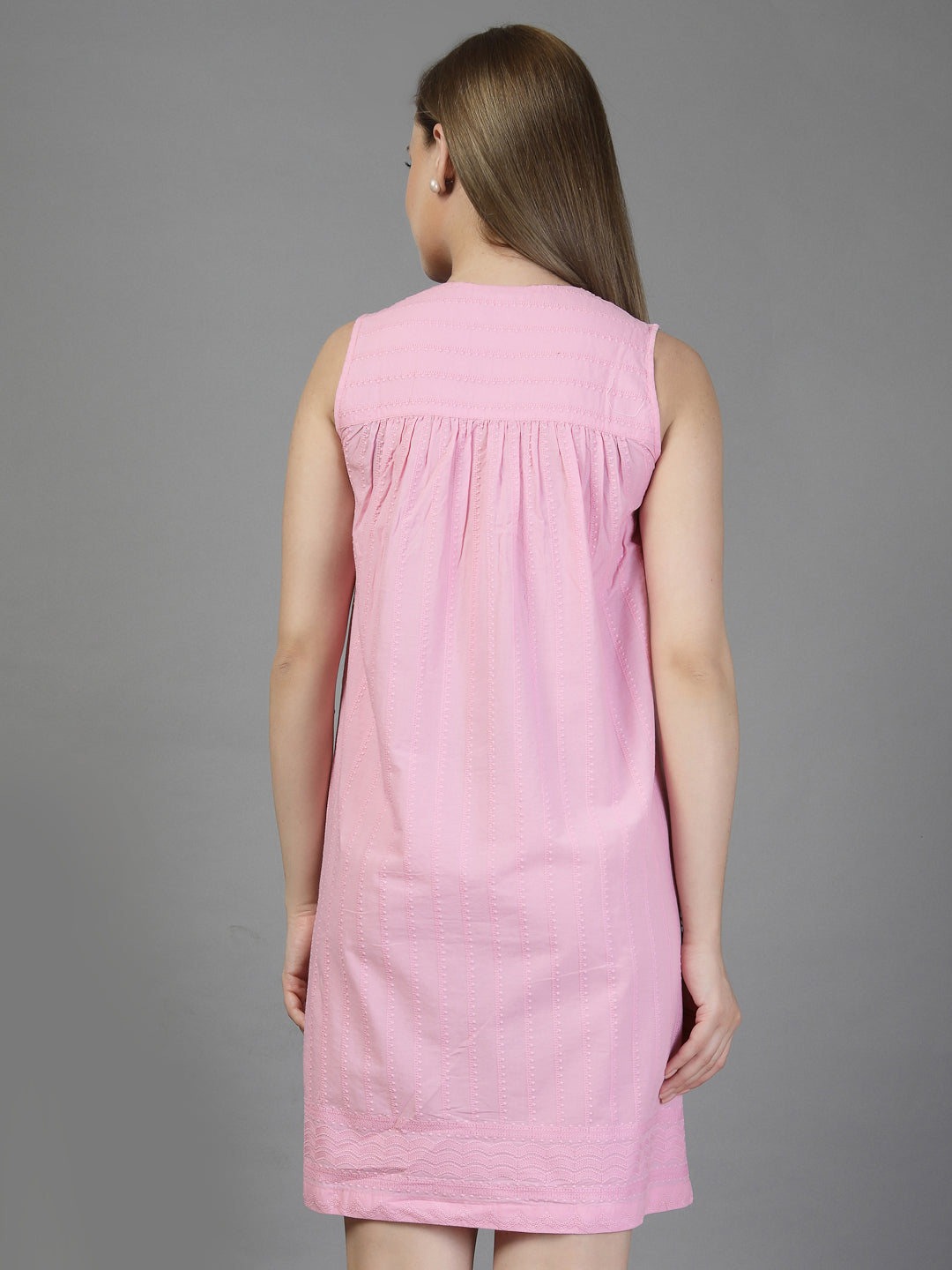 Cotton night dress in Pink with Jacoba Self Embroidered-JEFF COOPER