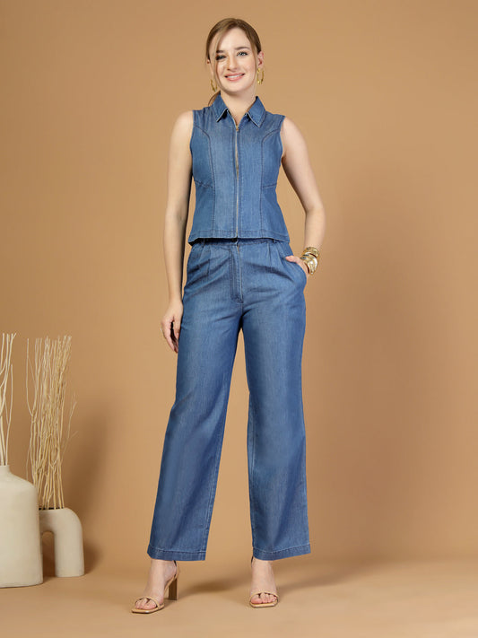 Women Blue Denim Co-ord Set-JEFF COOPER