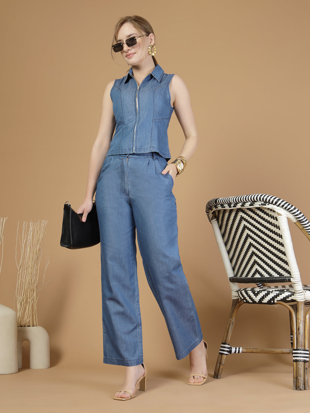 Women Blue Denim Co-ord Set-JEFF COOPER