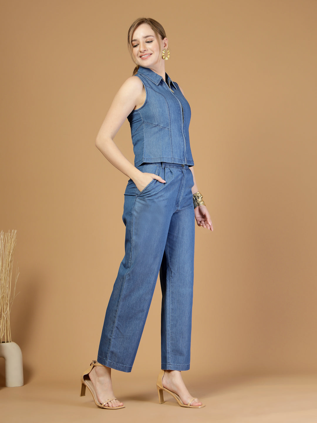 Women Blue Denim Co-ord Set-JEFF COOPER