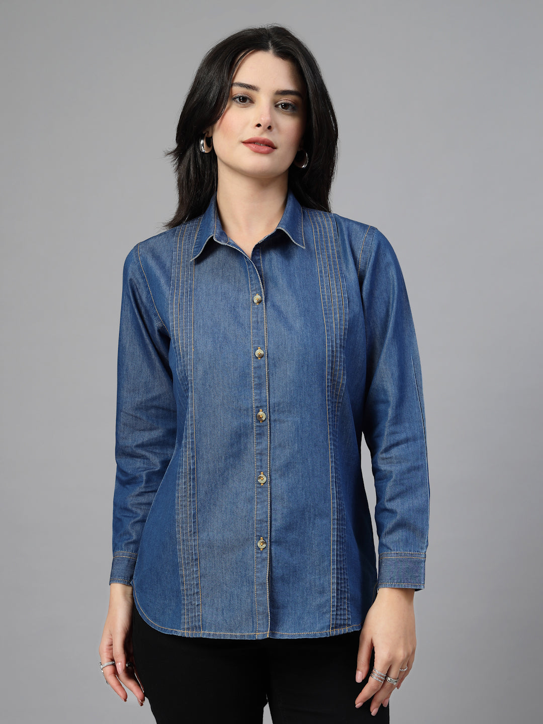 Tailored denim shirt featuring vertical pleats-JEFF COOPER