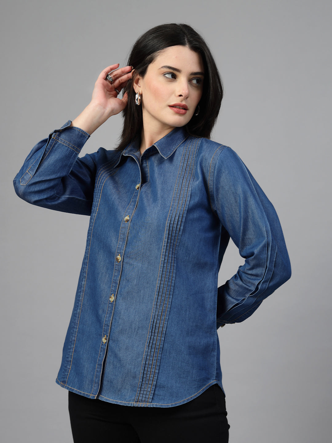 Tailored denim shirt featuring vertical pleats-JEFF COOPER