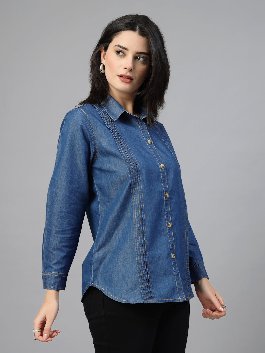 Tailored denim shirt featuring vertical pleats-JEFF COOPER