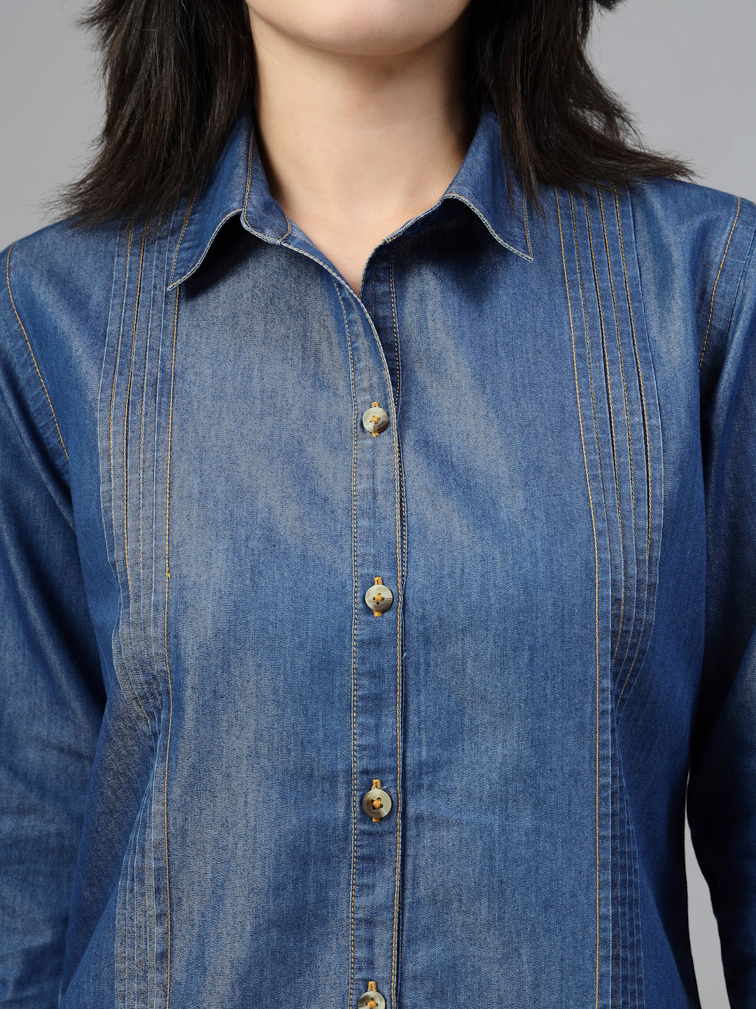 Tailored denim shirt featuring vertical pleats-JEFF COOPER