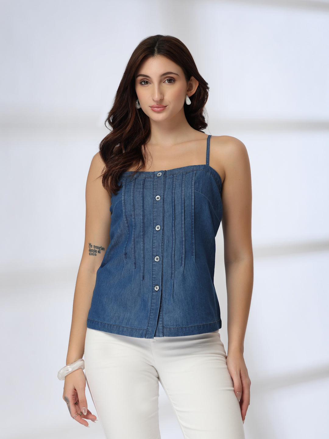 Blue  denim spaghetti strap top-JEFF COOPER