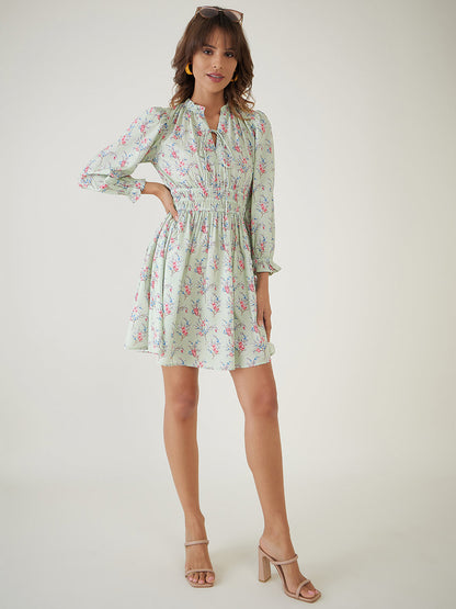 Green Floral Printed Short Dress-JEFF COOPER